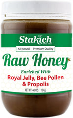 Front view of Stakich Raw Honey 40 oz with royal jelly, bee pollen, and propolis