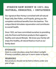 Label and packaging of Stakich Raw Honey with royal jelly, bee pollen, and propolis