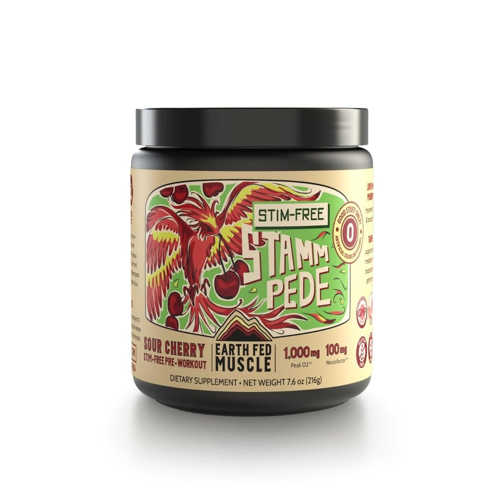 Front packaging of Stammpede Sour Cherry pre-workout powder