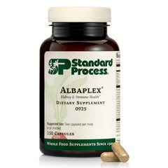 Albaplex bottle showing liver and immune support benefits.