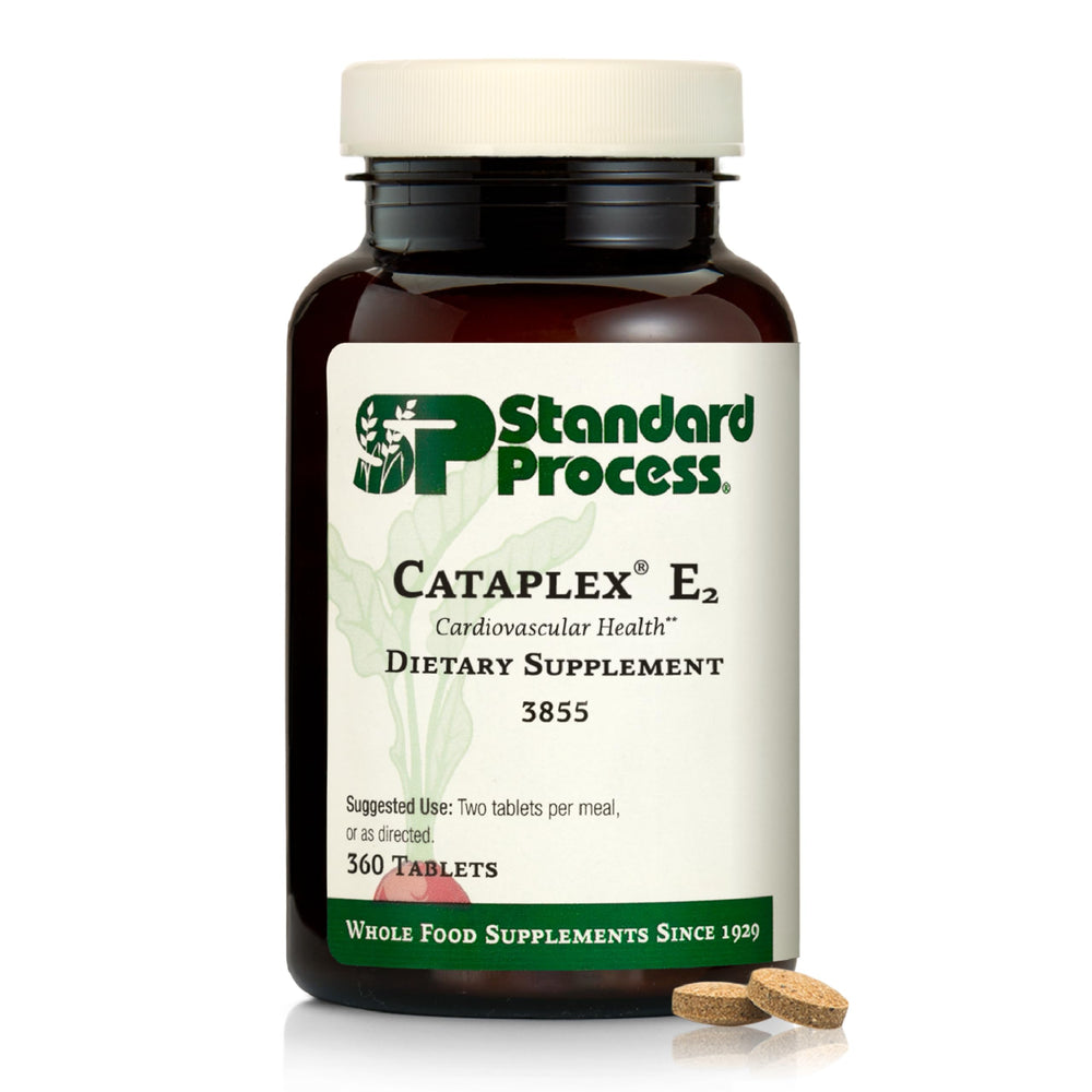 Standard Process Cataplex E2 bottle front view highlights heart-supporting supplement.
