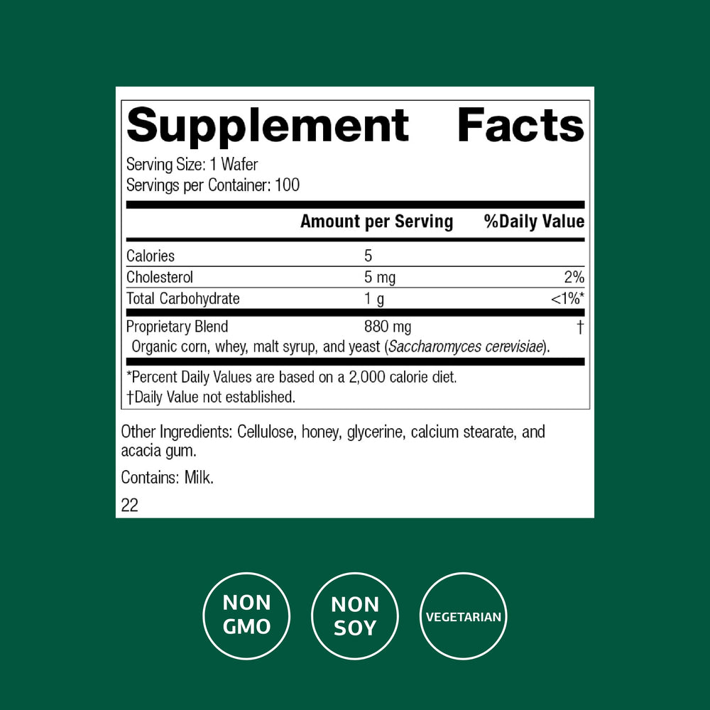 Standard Process Lactic Acid Yeast wafers close-up label highlighting vegan, non-soy formulation.