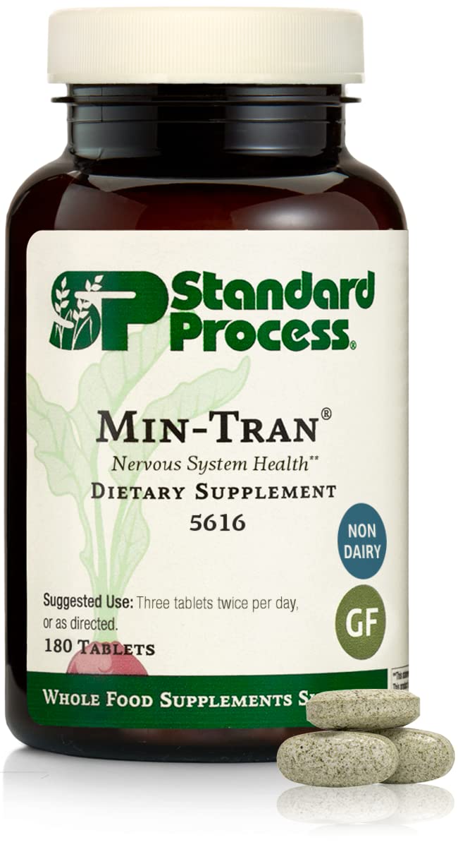 Standard Process Min-Tran nervous system health supplement bottle – 180 tablets (gluten-free, non-dairy, non-soy).