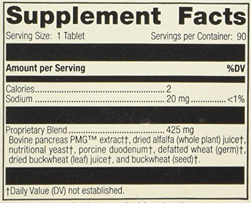 Supplement facts panel for Pancreatrophin PMG 90 tabs