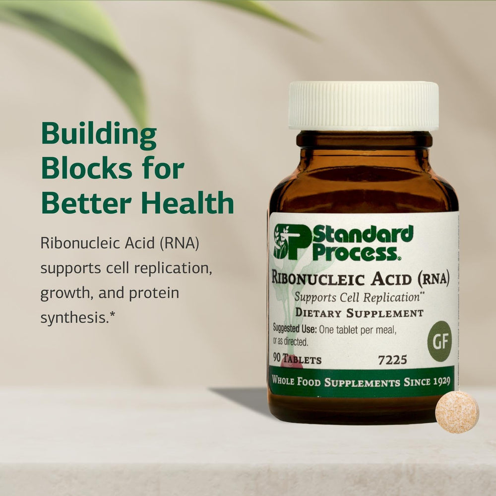 Standard Process RNA glass with tablet illustrates convenient daily use for protein synthesis support
