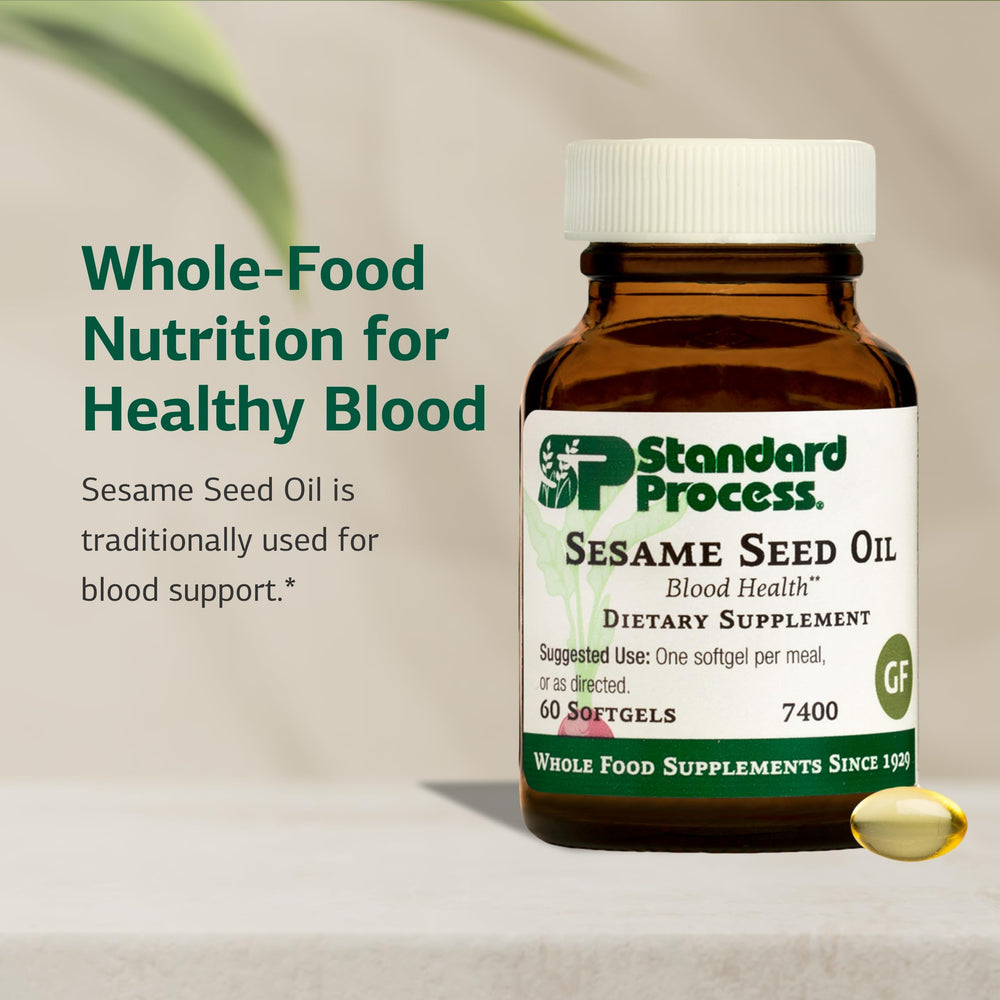 Close-up of product label for sesame seed oil supplement