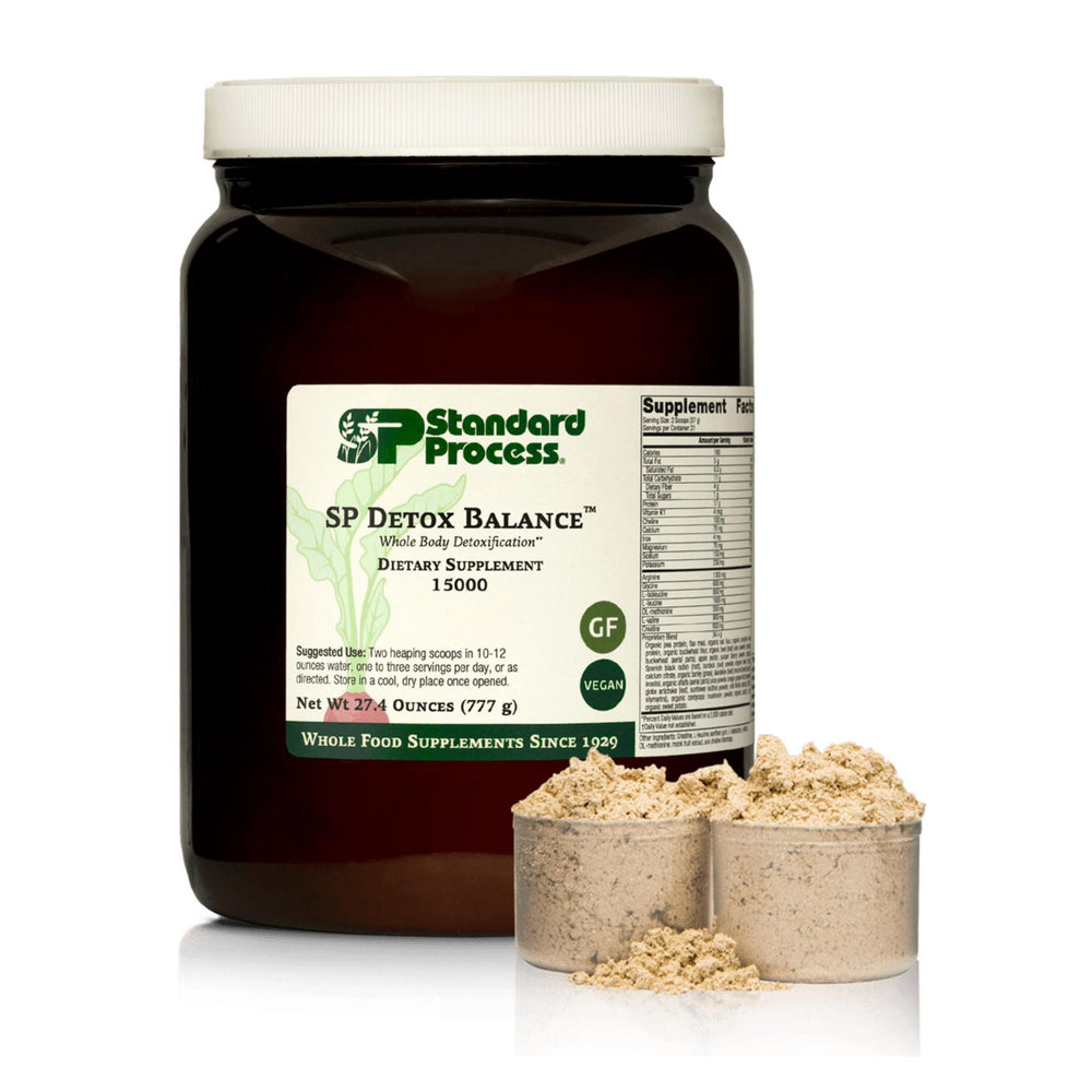 Standard Process SP Detox Balance bottle label highlights vegan, gluten-free formulation for dietary flexibility.
