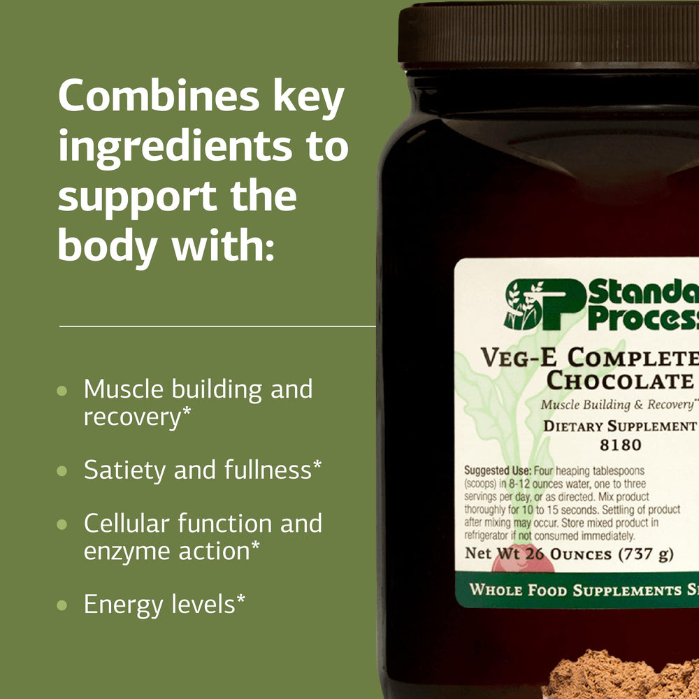 Standard Process Veg-E Complete Pro chocolate bottle label highlights vegan, gluten-free, and non-dairy features.