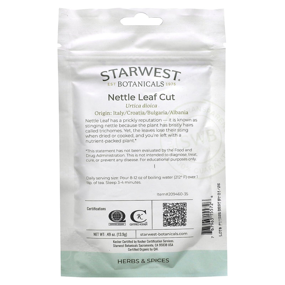 Close-up of dried nettle leaf cut, organic and kosher certified