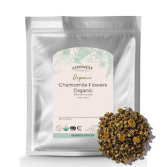 Whole chamomile flowers in a 1 lb bag from Starwest Botanicals.