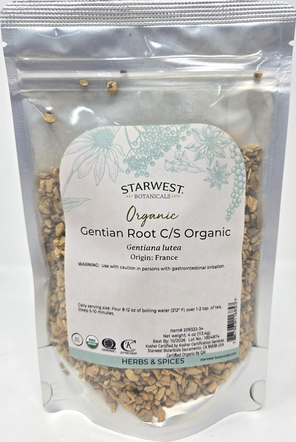 Starwest Botanicals Organic Gentian Root C/S 4 oz package in resealable mylar bag