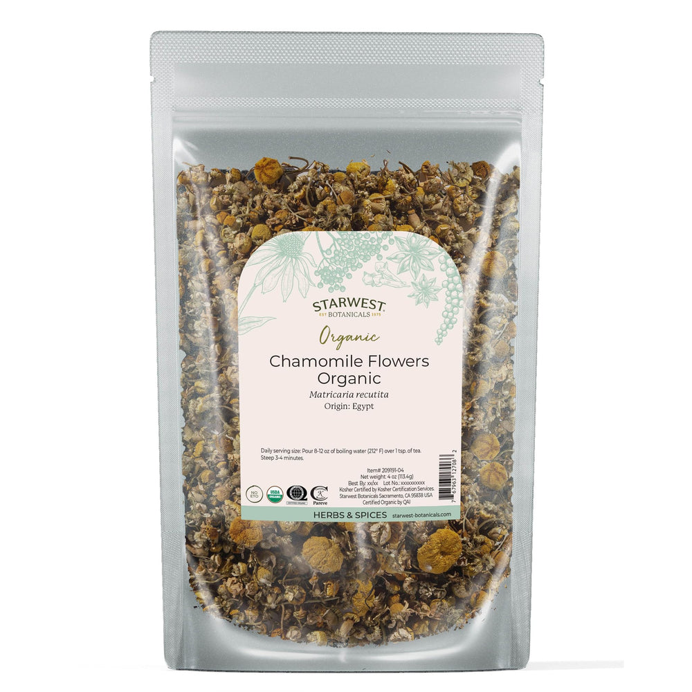 Front view of Starwest Organic Chamomile Flowers Whole 4oz pouch