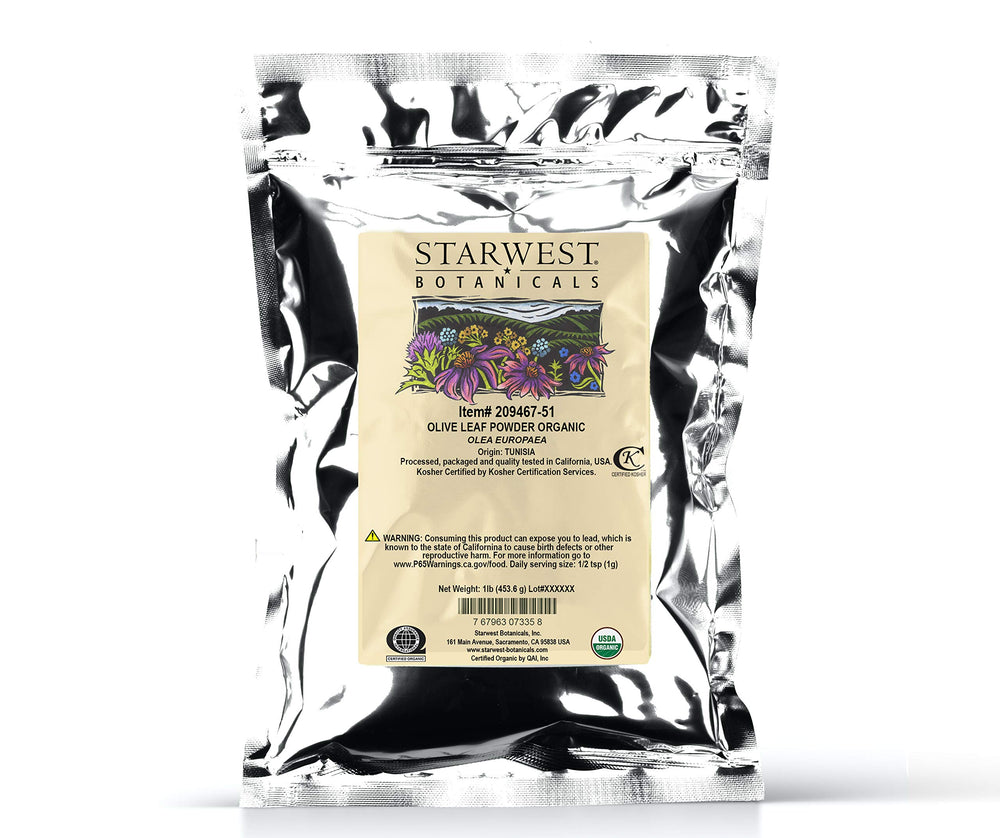 Starwest Organic Olive Leaf Powder in a resealable 1 lb bag
