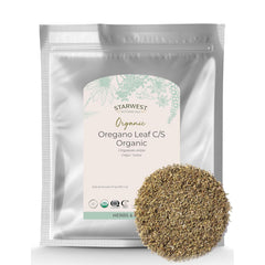 Organic oregano dried leaf in a 1 lb bulk bag from Starwest Botanicals