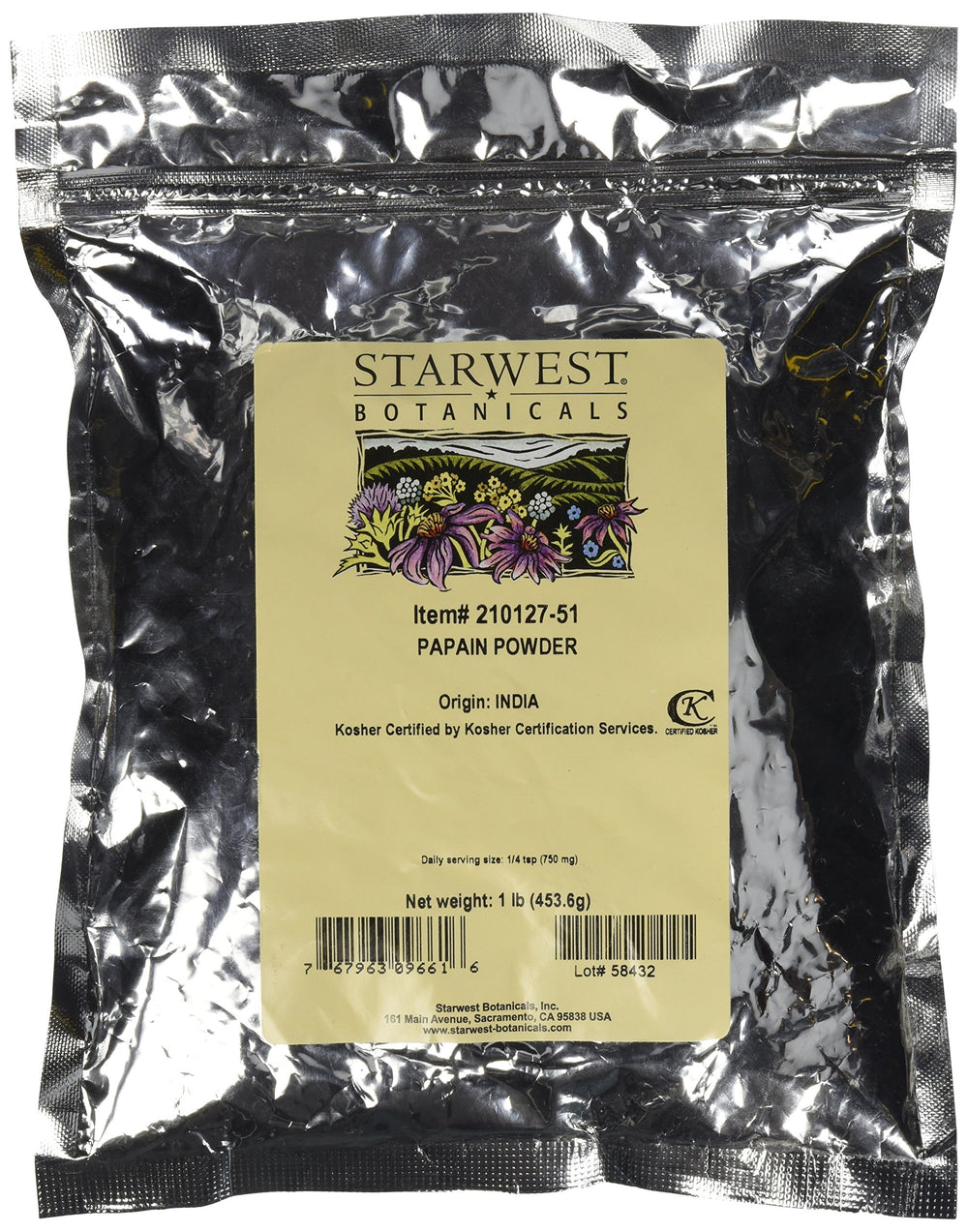 Starwest Botanicals Papain Powder 2,000 USP/mg in a resealable Mylar bag, 1 lb