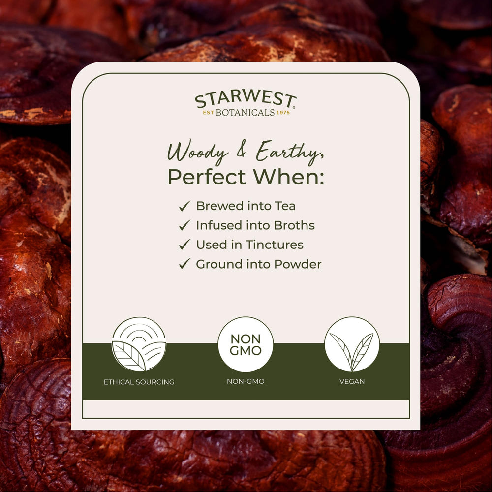 Dried red reishi mushrooms in a pouch, labeled Organic