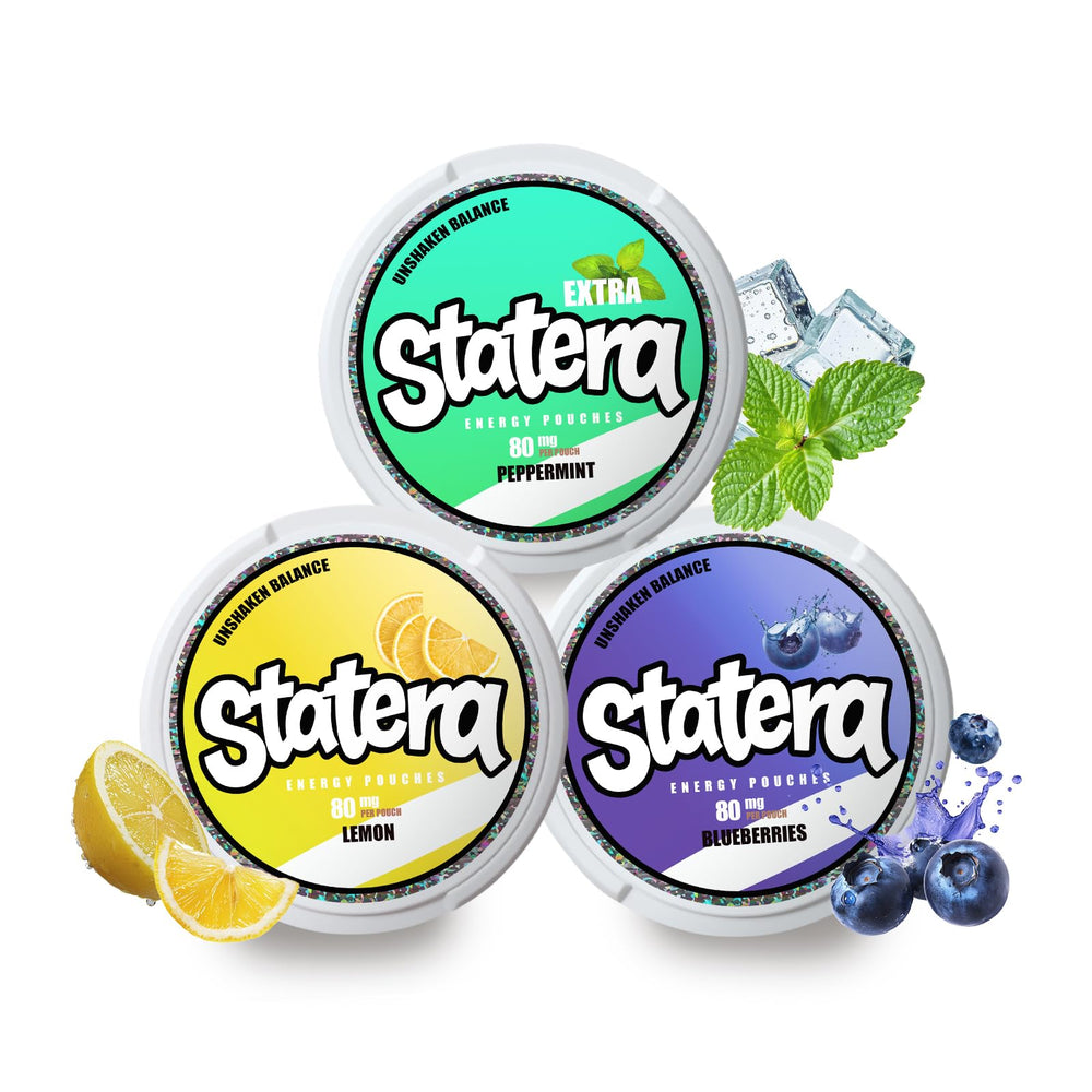 Statera energy pouches peppermint packfront showing bold mint flavor for on-the-go focus.