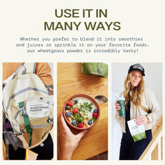 Stateside Growers wheatgrass powder label highlights raw, gluten-free, and vegan attributes.