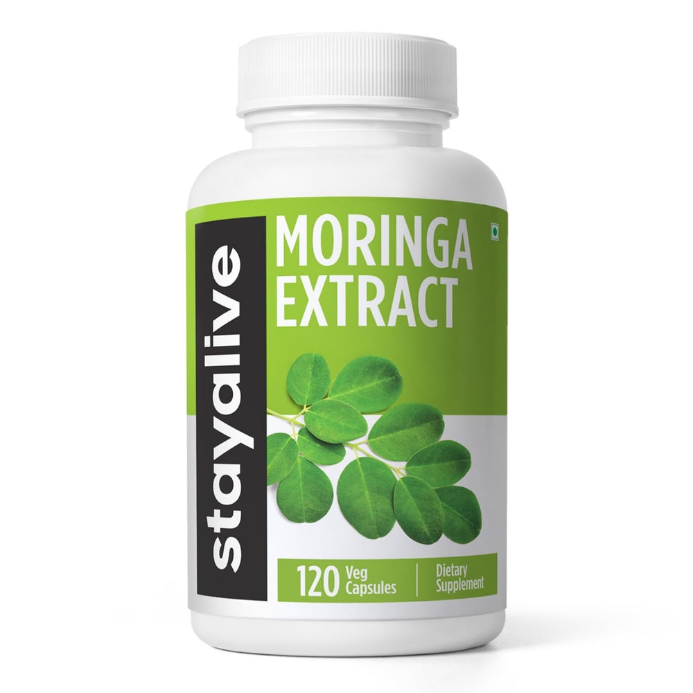 STAY ALIVE Moringa capsules bottle displaying 120 capsules