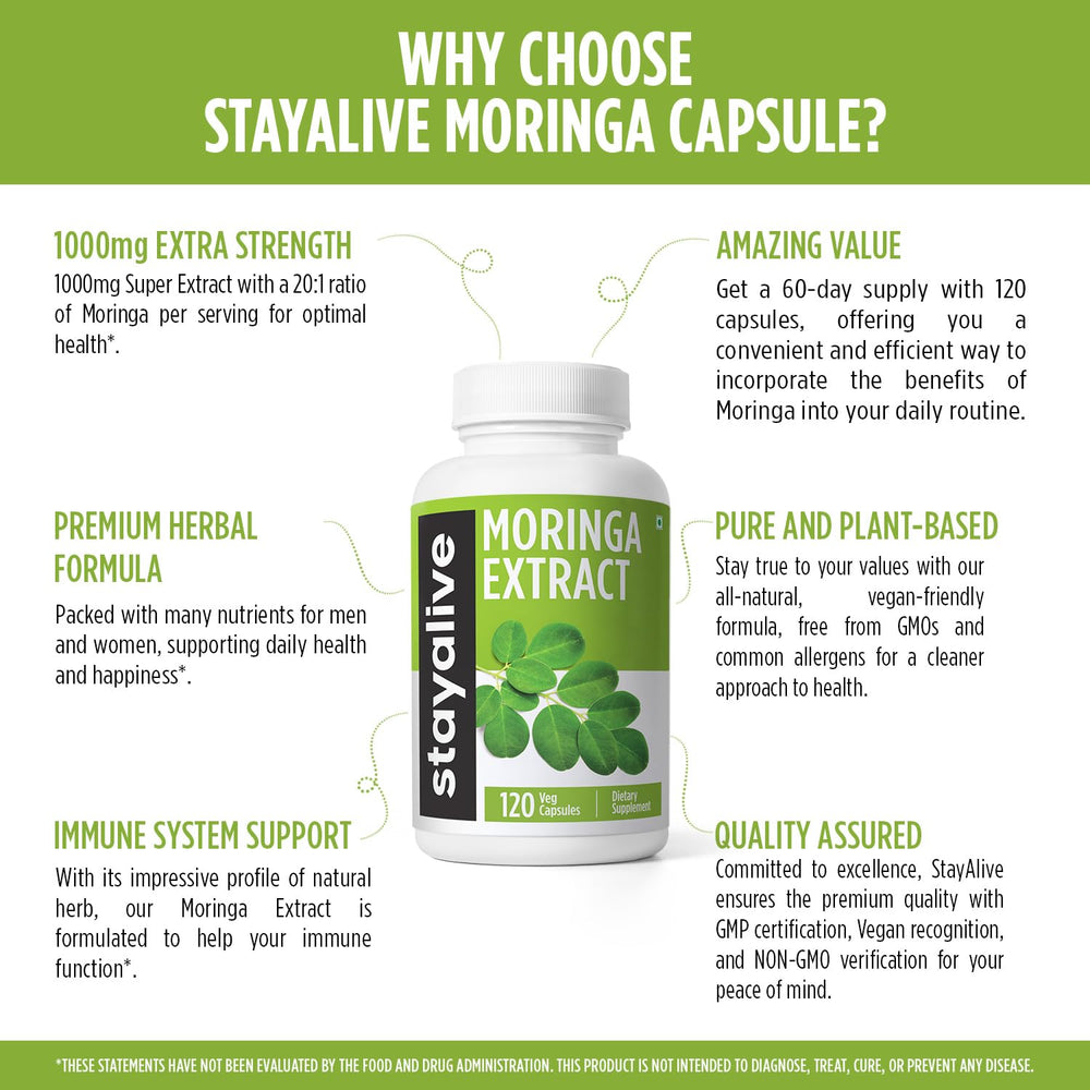 Assorted vitamins and herbs with Moringa leaves illustration