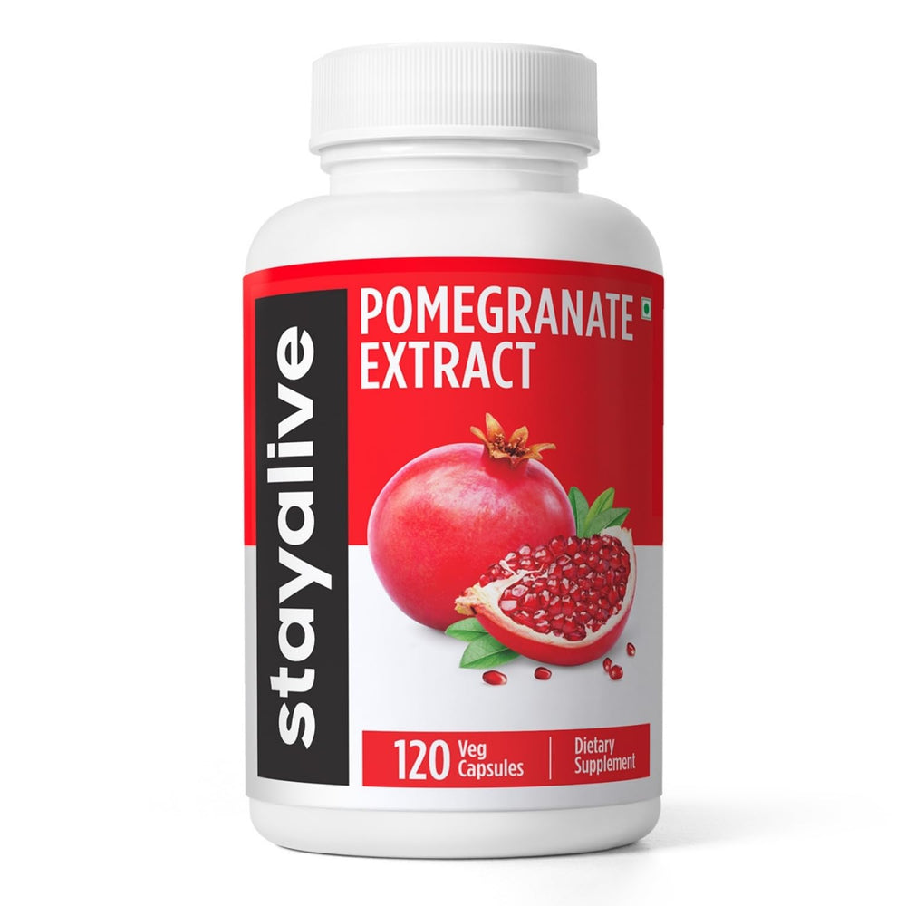 Stay Alive pomegranate capsules bottle on table for easy daily wellness routine.