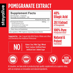 Stay Alive pomegranate capsules label closeup showing 20:1 extract and ellagic acid.