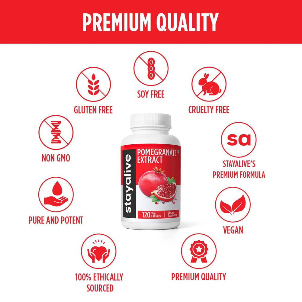Stay Alive pomegranate capsules vegan non-GMO gluten-free option.