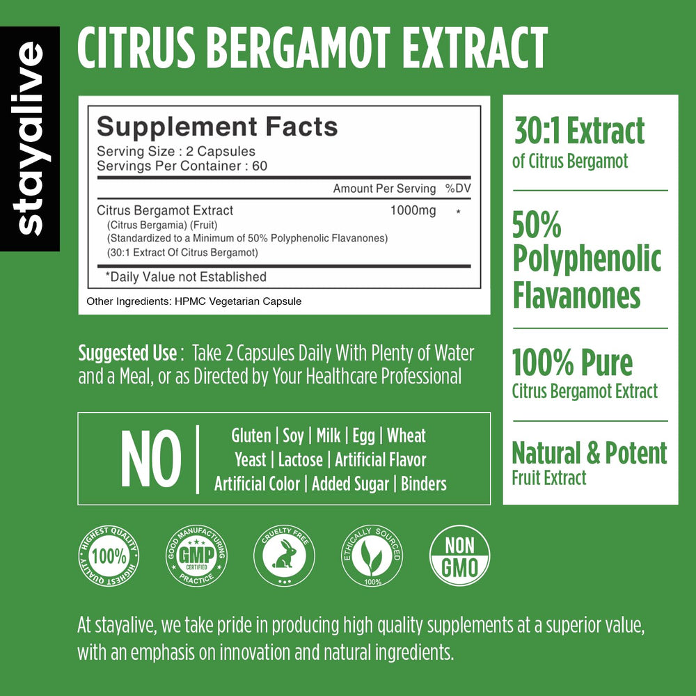 Close-up of StayAlive Citrus Bergamot 1000mg capsules showing 30:1 extract