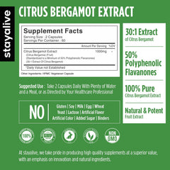 Close-up of StayAlive Citrus Bergamot 1000mg capsules showing 30:1 extract