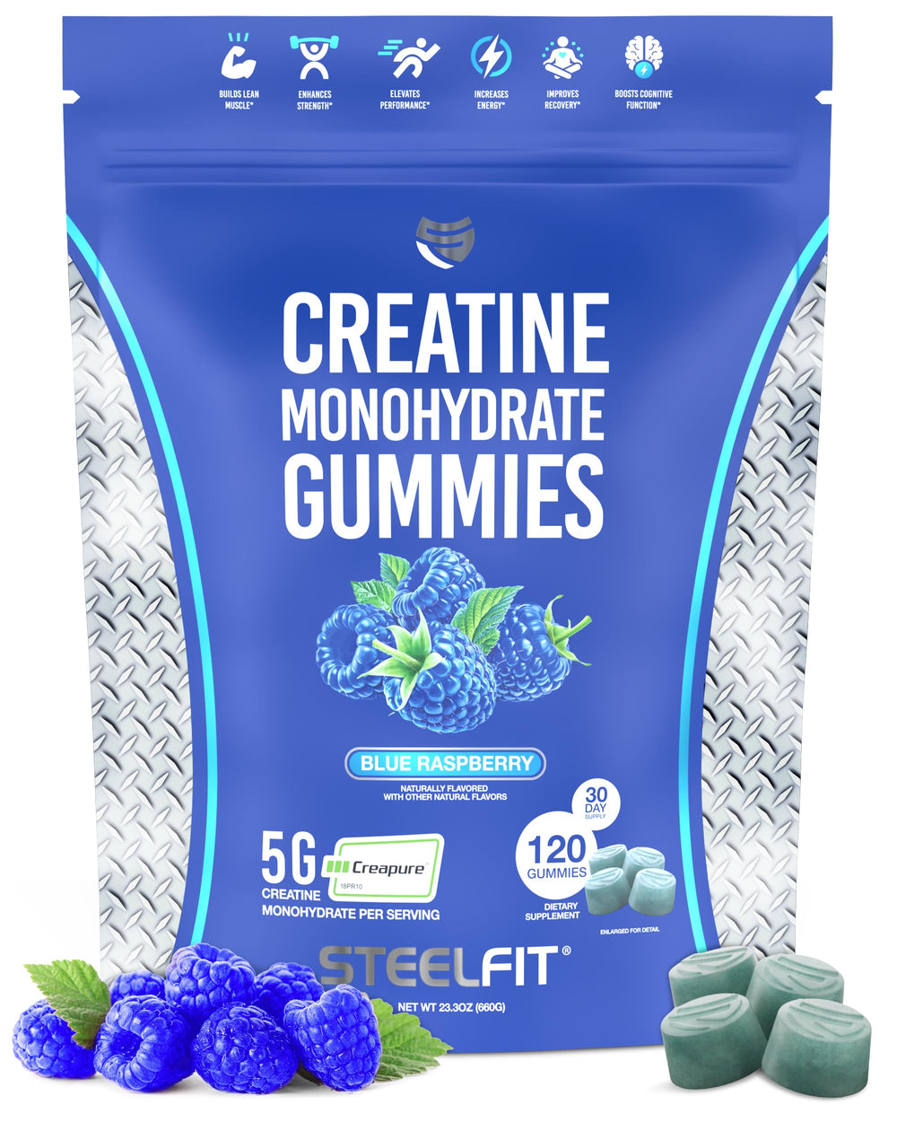 SteelFit Creapure Creatine Monohydrate Gummies blue raspberry bottle label