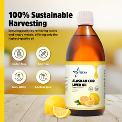 Close-up of Stellar Cod Liver Oil Lemon label with ingredients and certifications