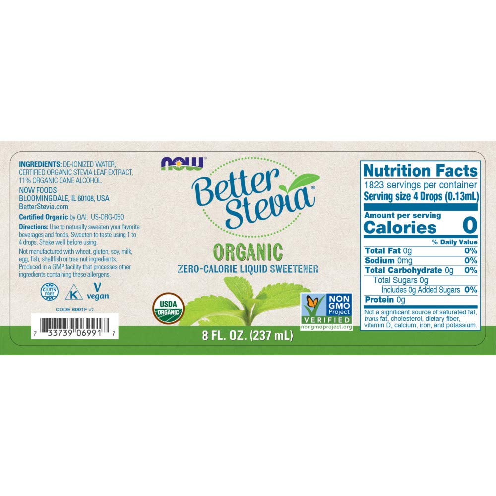 NOW Foods BetterStevia organic stevia liquid label close-up
