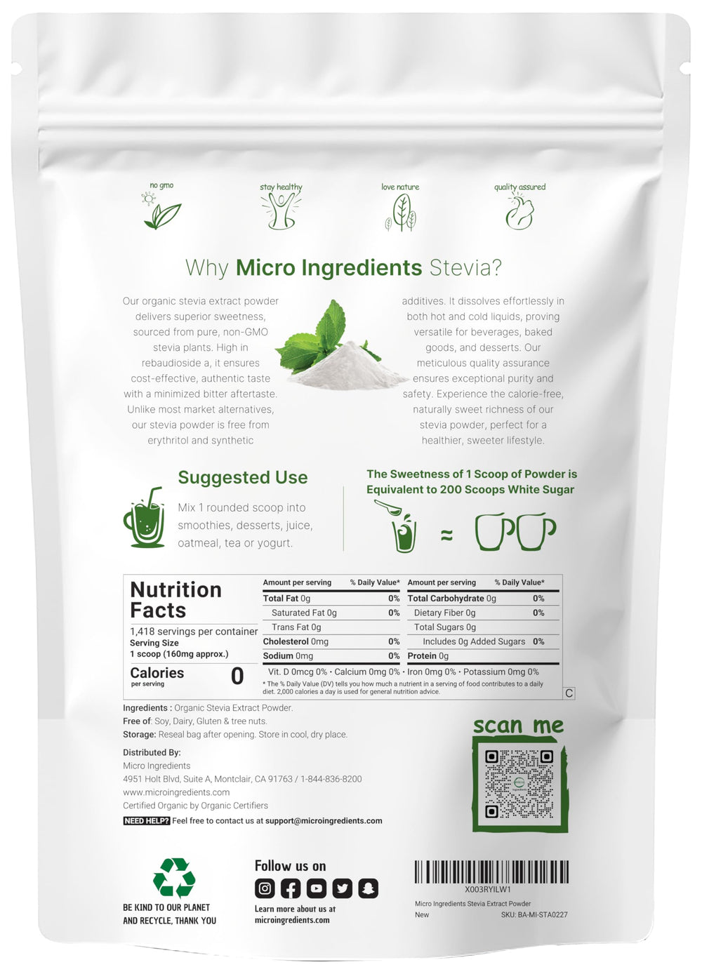 Side view of Pure Organic Stevia Powder 8 oz canister