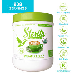 Gluten-free and vegan certification icons on Stevita packaging
