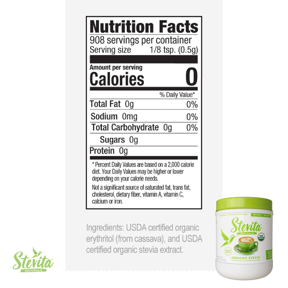 Stevita Organic Stevia 16oz jar – back label