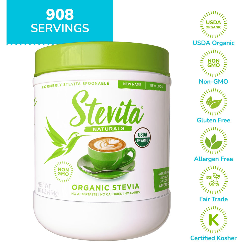 Packaging of Stevita Organic Stevia 16oz jar