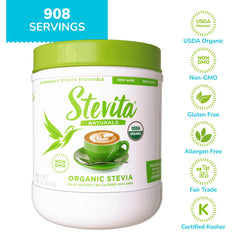 Packaging of Stevita Organic Stevia 16oz jar