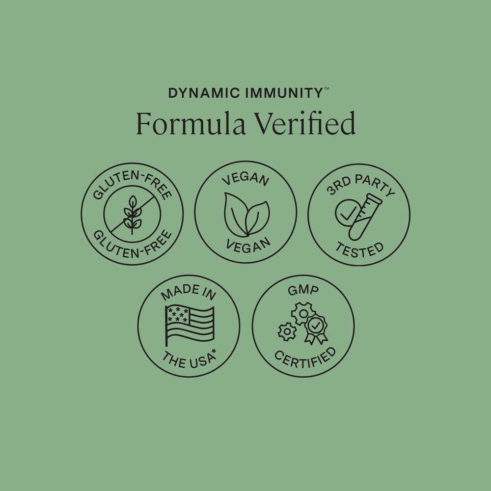 Allergen-free vegan capsules shown on Dynamic Immunity label