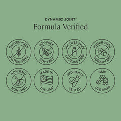 Quality assurance icons indicating GMP and third-party testing
