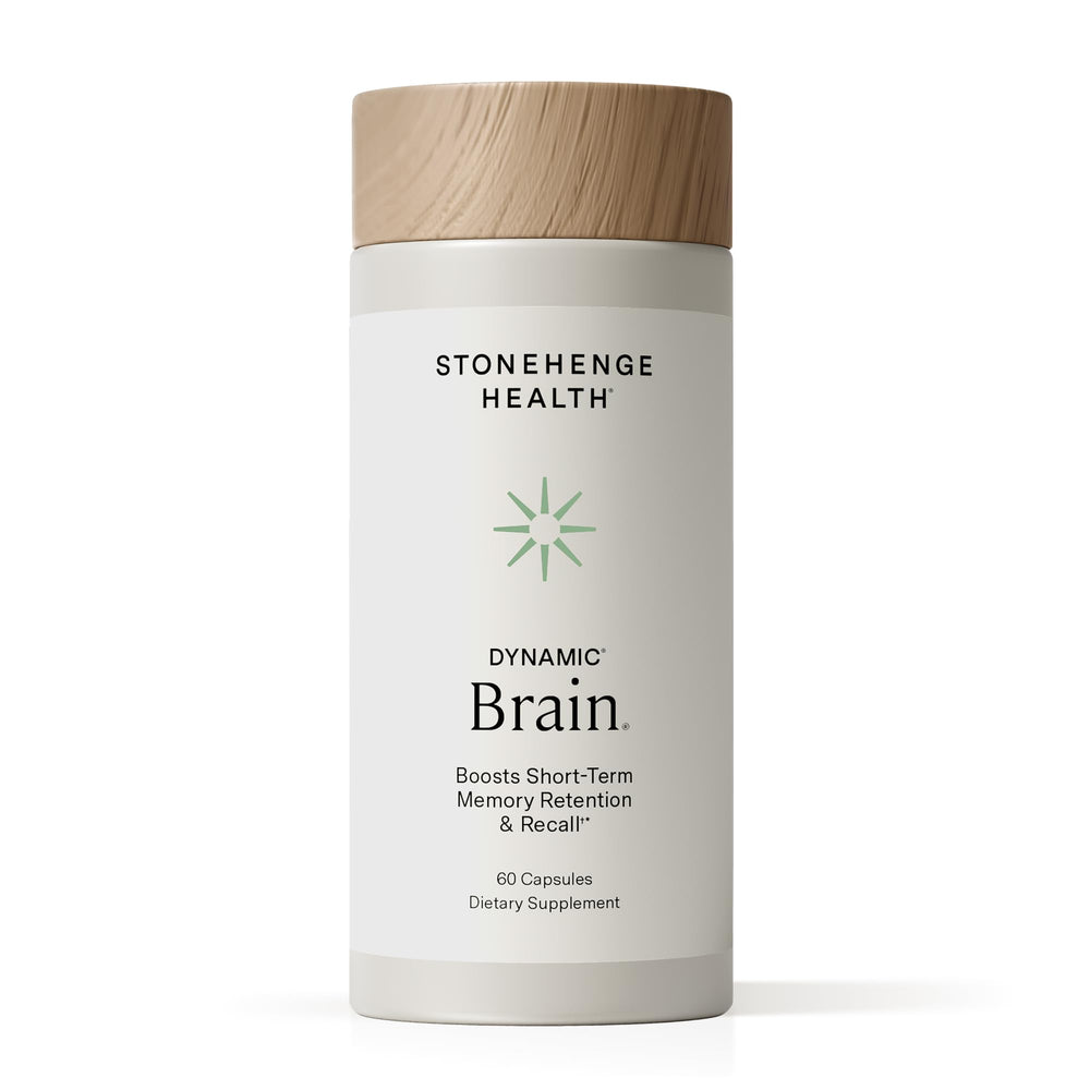 Stonehenge Health Dynamic Brain bottle label highlights a clean formulation for everyday cognitive support during study sessions.
