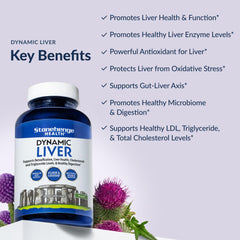 Two capsules beside the Stonehenge Health Dynamic Liver Supplement bottle