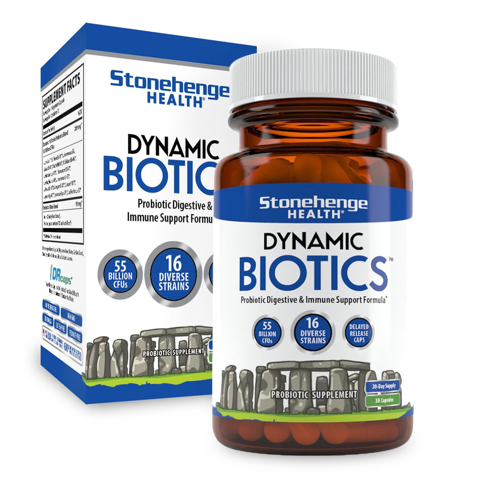 Stonehenge Health Probiotics bottle with label showing 55B CFU and 16 strains