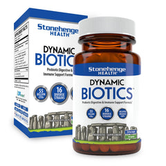 Stonehenge Health Probiotics bottle with label showing 55B CFU and 16 strains