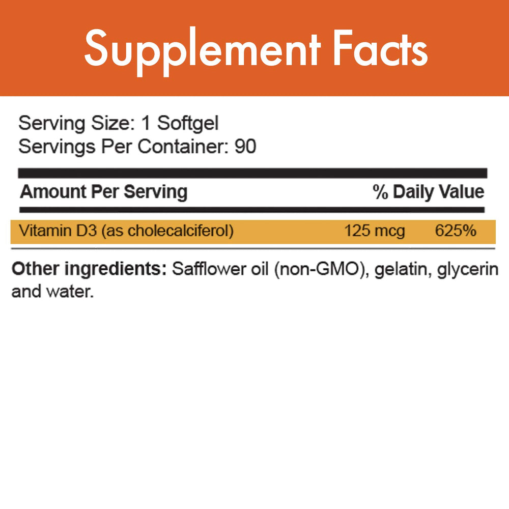 Close-up of D-Pure Vitamin D3 5000 IU softgels