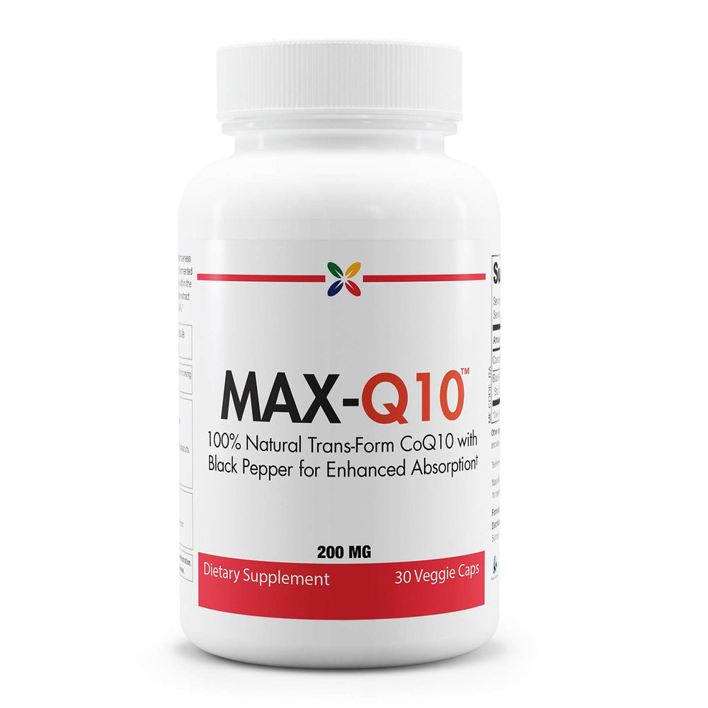 Front view of Stop Aging Now MAX-Q10 200 mg CoQ10 capsules