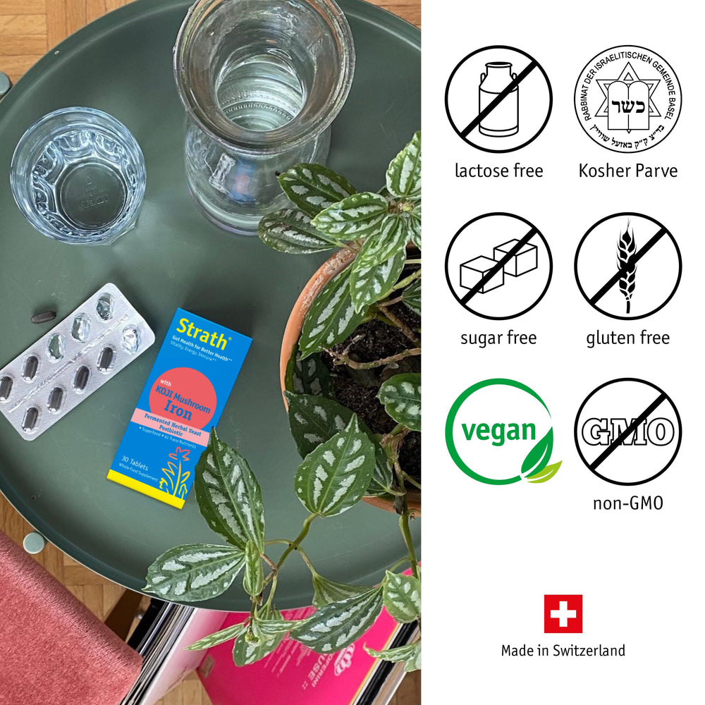 Vegan, kosher, Swiss-made Strath supplement bottle