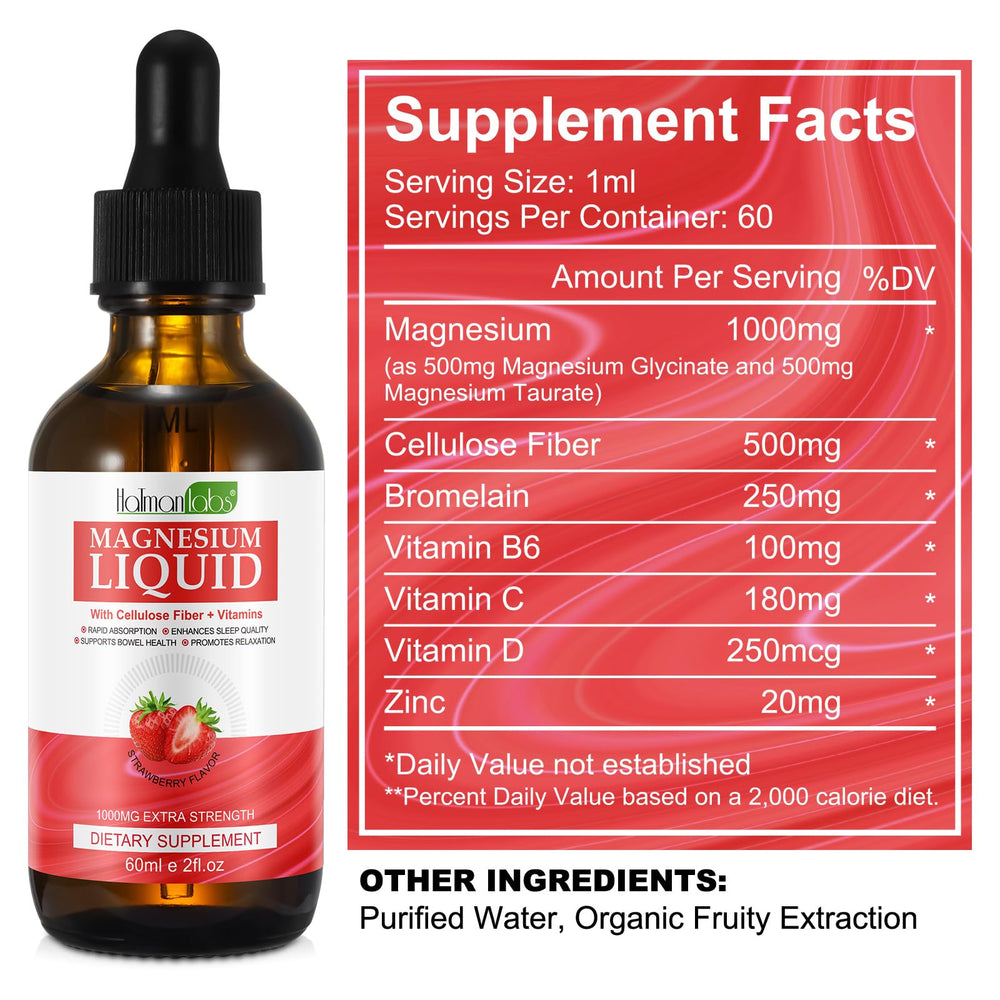 Strawberry-flavored magnesium glycinate liquid bottle with strawberry imagery