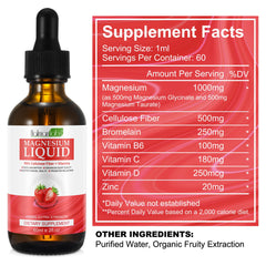Strawberry-flavored magnesium glycinate liquid bottle with strawberry imagery