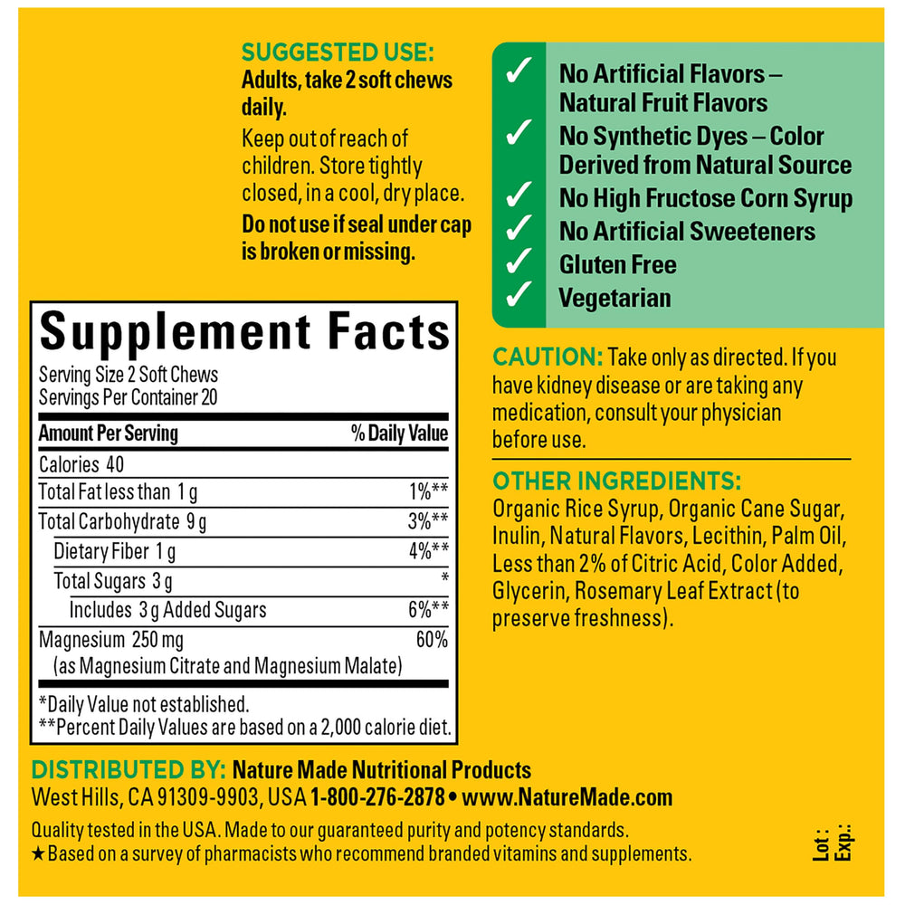 Strawberry flavored Nature Made Magnesium Complex Soft Chews packaging