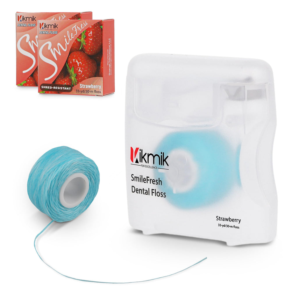 Strawberry-woven dental floss pack on white background